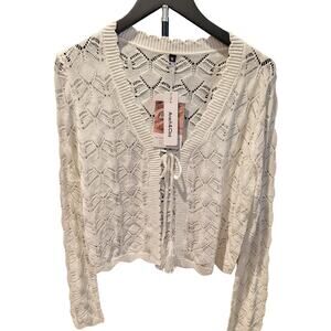 Arach&Cloz White Open Knit Tie Front Cropped Cardigan Sweater M NWT
